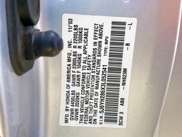 5J6YH286X3L052541 - 2003 HONDA ELEMENT EX SILVER photo 10