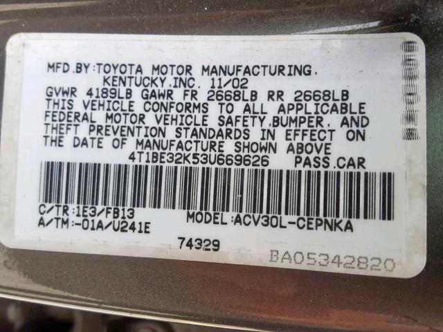 4T1BE32K53U669626 - 2003 TOYOTA CAMRY LE GRAY photo 10