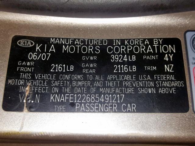 KNAFE122685491217 - 2008 KIA SPECTRA EX BEIGE photo 10