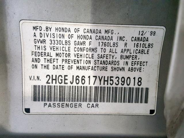 2HGEJ6617YH539018 - 2000 HONDA CIVIC BASE SILVER photo 10