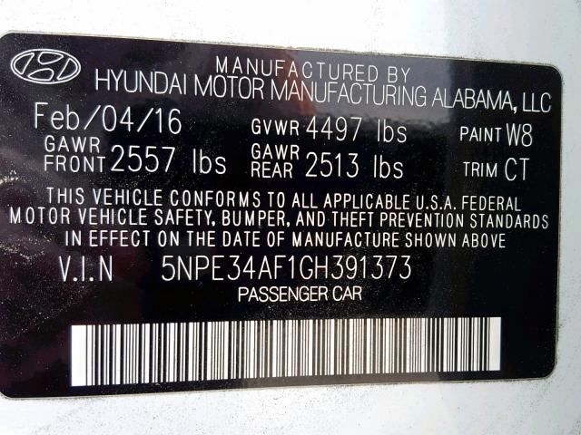 5NPE34AF1GH391373 - 2016 HYUNDAI SONATA SPO WHITE photo 10