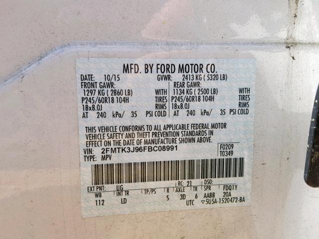 2FMTK3J96FBC08991 - 2015 FORD EDGE SEL WHITE photo 10