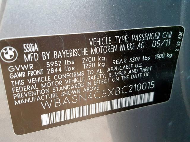 WBASN4C5XBC210015 - 2011 BMW 550 GT GRAY photo 10