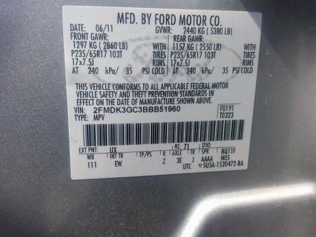 2FMDK3GC3BBB51960 - 2011 FORD EDGE SE SILVER photo 10