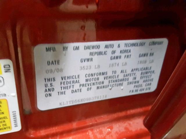 KL1TD56E09B378118 - 2009 CHEVROLET AVEO LS RED photo 10