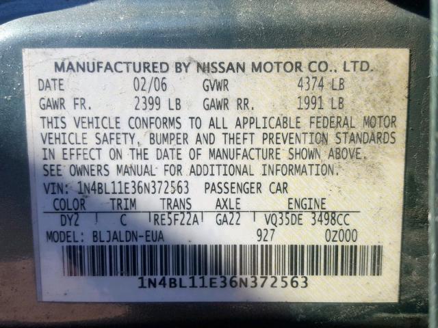 1N4BL11E36N372563 - 2006 NISSAN ALTIMA SE GREEN photo 10