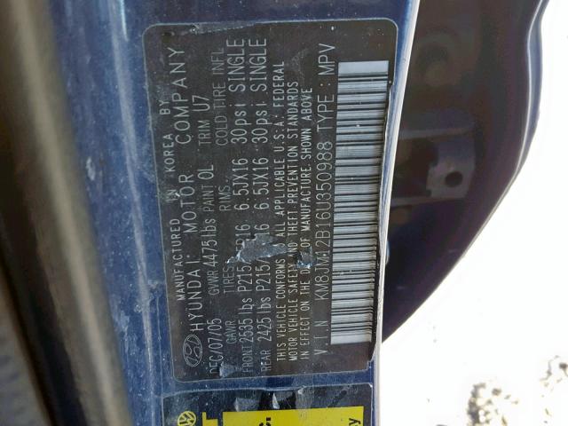 KM8JM12B16U350988 - 2006 HYUNDAI TUCSON GL BLUE photo 10