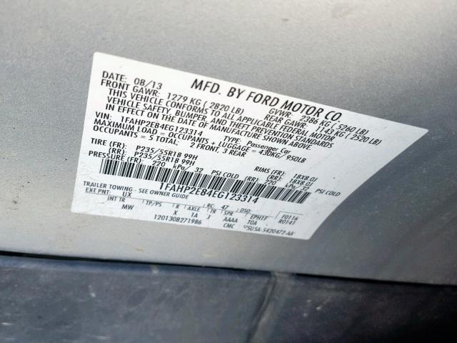 1FAHP2E84EG123314 - 2014 FORD TAURUS SEL SILVER photo 10