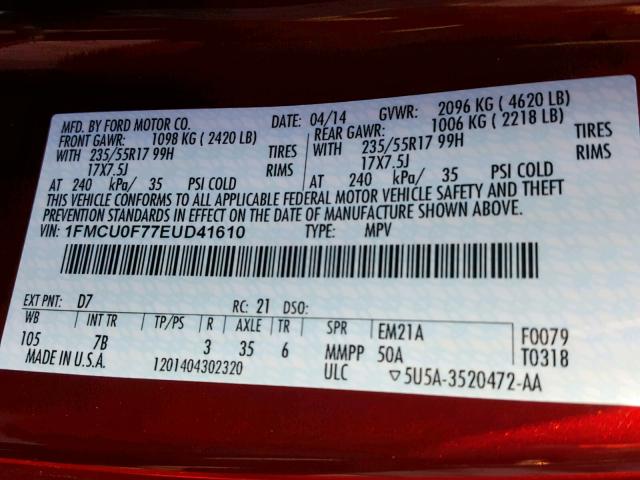 1FMCU0F77EUD41610 - 2014 FORD ESCAPE S RED photo 10