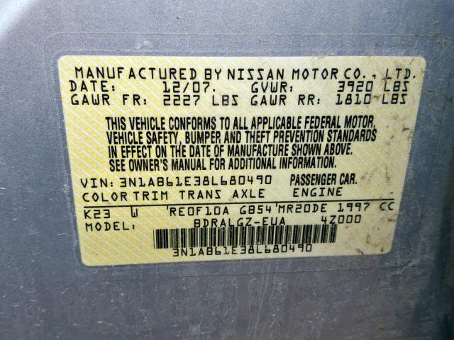 3N1AB61E38L680490 - 2008 NISSAN SENTRA 2.0 SILVER photo 10