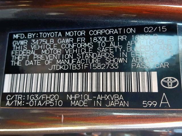 JTDKDTB31F1582733 - 2015 TOYOTA PRIUS C GRAY photo 10