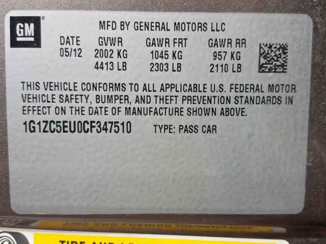 1G1ZC5EU0CF347510 - 2012 CHEVROLET MALIBU 1LT 棕色 照片 10