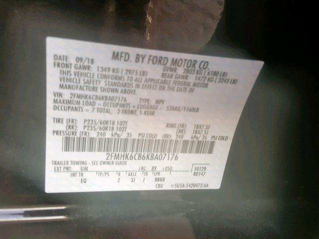 2FMHK6C86KBA07176 - 2019 FORD FLEX SEL BLACK photo 10