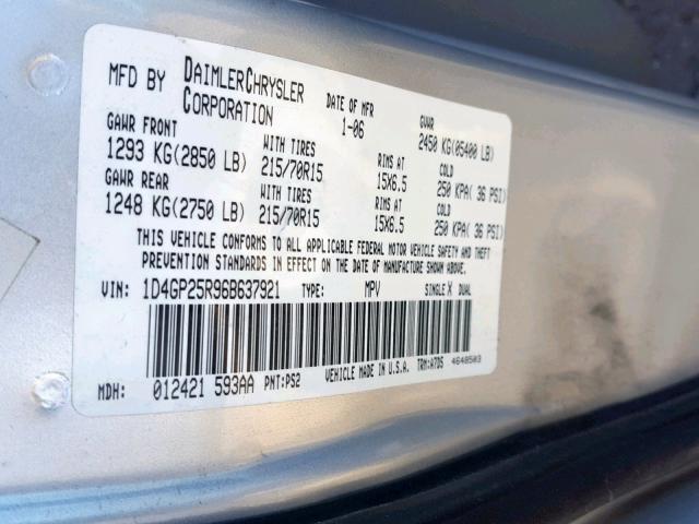 1D4GP25R96B637921 - 2006 DODGE CARAVAN SE SILVER photo 10