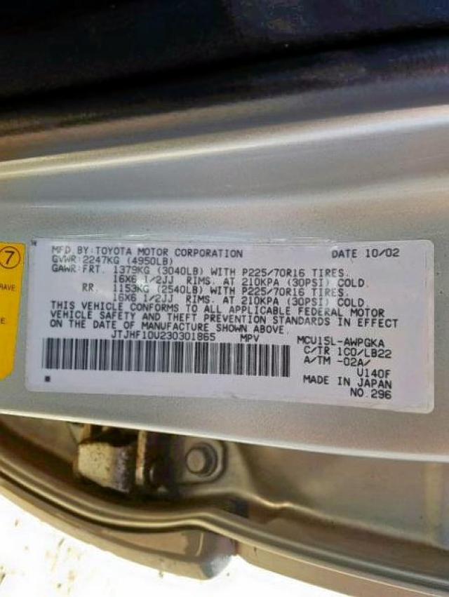 JTJHF10U230301865 - 2003 LEXUS RX 300 SILVER photo 10