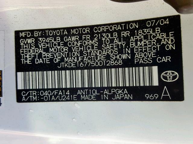 JTKDE167750012868 - 2005 TOYOTA SCION TC WHITE photo 10