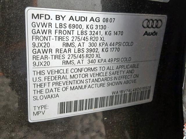 WA1BV74L48D015509 - 2008 AUDI Q7 4.2 QUA BLACK photo 10