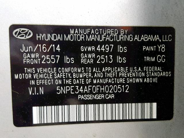 5NPE34AF0FH020512 - 2015 HYUNDAI SONATA SPO SILVER photo 10