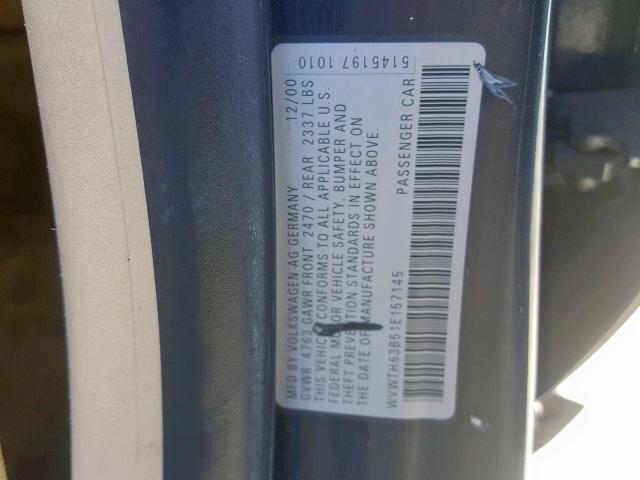 WVWTH63B51E157145 - 2001 VOLKSWAGEN PASSAT GLX ლურჯი ფოტო 10