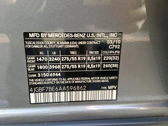 4JGBF7BE6AA596862 - 2010 MERCEDES-BENZ GL 450 4MA GRAY photo 10