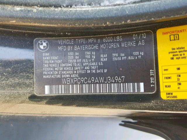 WBXPC9C49AWJ34967 - 2010 BMW X3 XDRIVE3 BLACK photo 10