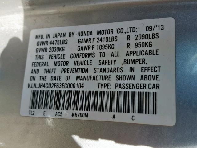 JH4CU2F63EC000104 - 2014 ACURA TSX TECH GRAY photo 10