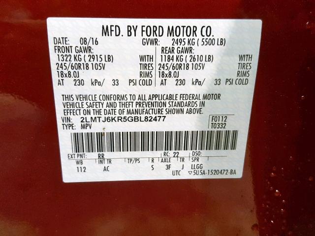 2LMTJ6KR5GBL82477 - 2016 LINCOLN MKX SELECT RED photo 10