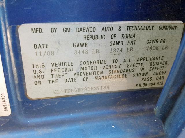 KL1TD66EX9B627188 - 2009 CHEVROLET AVEO LS BLUE photo 10