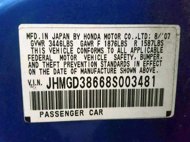 JHMGD38668S003481 - 2008 HONDA FIT SPORT BLUE photo 10