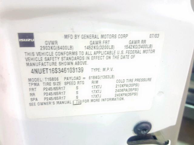 4NUET16S346103139 - 2004 ISUZU ASCENDER S 白色 照片 10