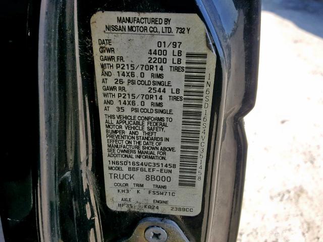 1N6SD16S4VC351458 - 1997 NISSAN TRUCK KING BLACK photo 10