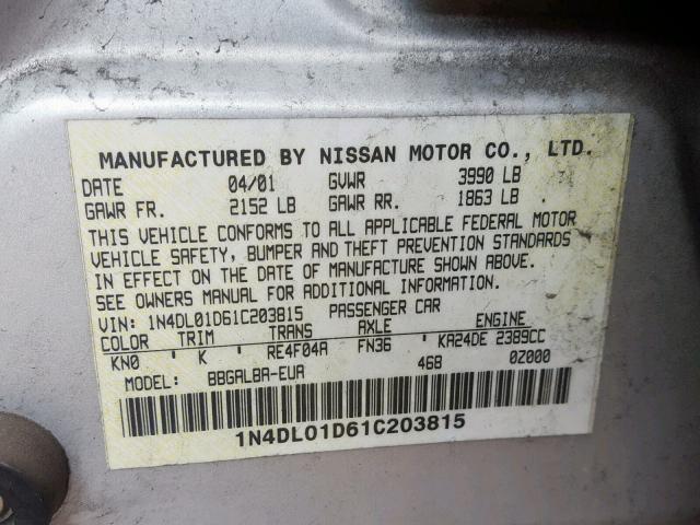 1N4DL01D61C203815 - 2001 NISSAN ALTIMA XE SILVER photo 10