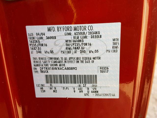 2FTRX18WX4CA80892 - 2004 FORD F-150 HERI RED photo 10