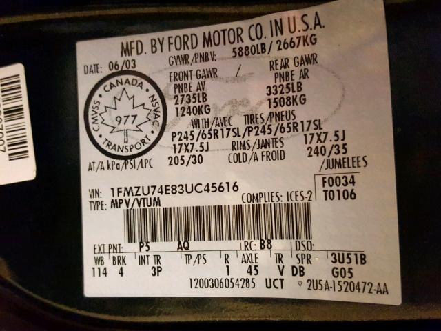 1FMZU74E83UC45616 - 2003 FORD EXPLORER E GREEN photo 10