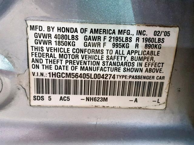 1HGCM56405L004274 - 2005 HONDA ACCORD SILVER photo 10