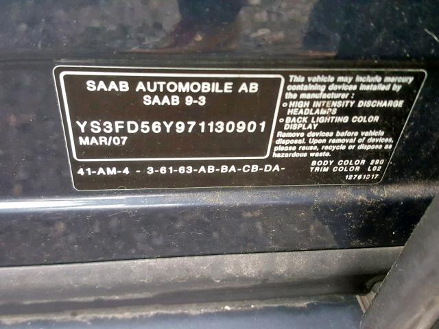 YS3FD56Y971130901 - 2007 SAAB 9-3 2.0T BLUE photo 10