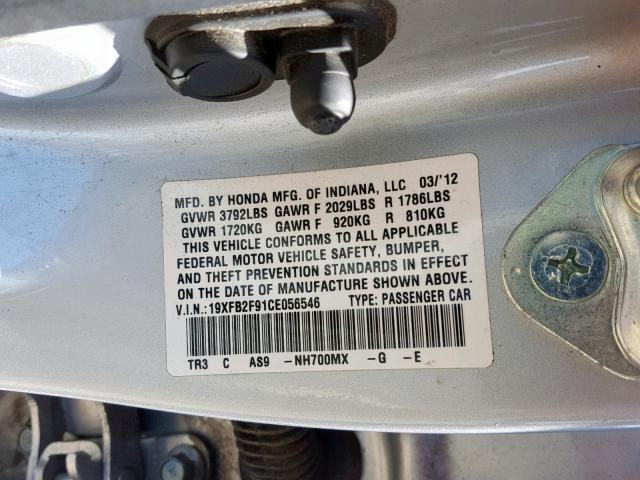 19XFB2F91CE056546 - 2012 HONDA CIVIC EXL SILVER photo 10