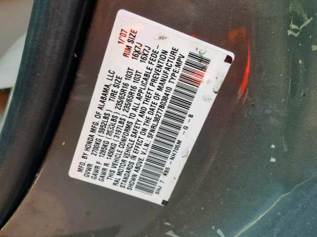 5FNRL38277B038410 - 2007 HONDA ODYSSEY LX GRAY photo 10