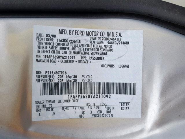 1FAFP56S0YA211092 - 2000 FORD TAURUS SEL SILVER photo 10