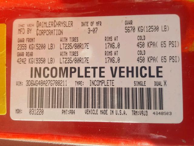 3D6WG48A27G788211 - 2007 DODGE RAM 3500 S RED photo 10