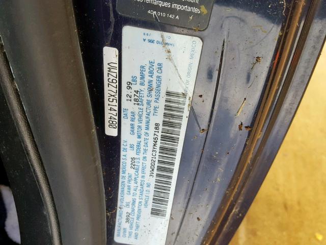 3VWDD21C3YM457188 - 2000 VOLKSWAGEN NEW BEETLE ლურჯი ფოტო 10