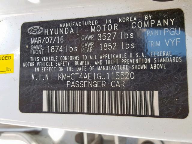 KMHCT4AE1GU115520 - 2016 HYUNDAI ACCENT SE WHITE photo 10