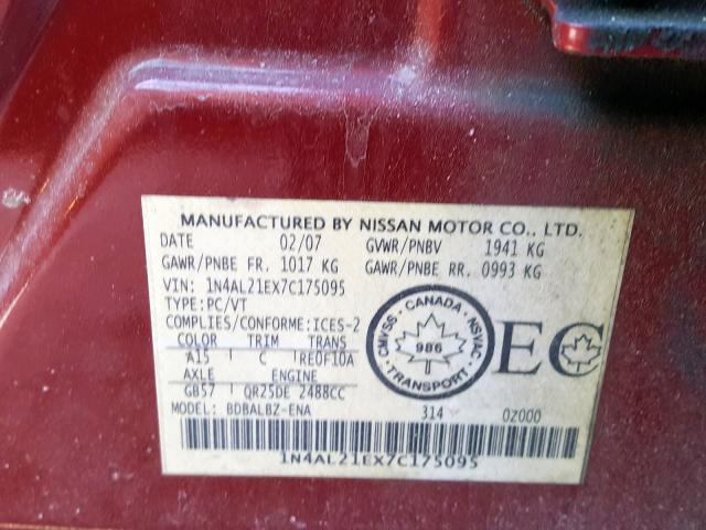 1N4AL21EX7C175095 - 2007 NISSAN ALTIMA 2.5 RED photo 10