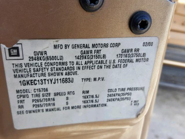 1GKEC13T1YJ116830 - 2000 GMC YUKON GOLD photo 10