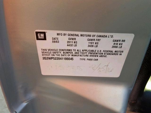 2G2WP522841186645 - 2004 PONTIAC GRAND PRIX SILVER photo 10