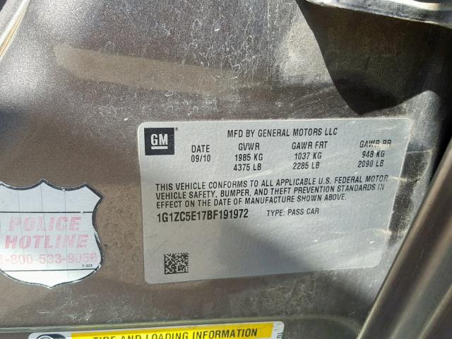 1G1ZC5E17BF191972 - 2011 CHEVROLET MALIBU 1LT 棕色 照片 10