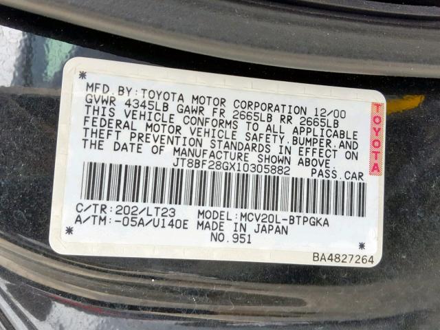 JT8BF28GX10305882 - 2001 LEXUS ES 300 BLACK photo 10