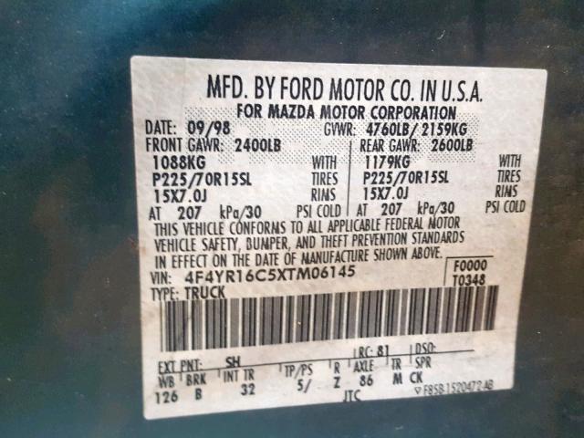 4F4YR16C5XTM06145 - 1999 MAZDA B2500 CAB BLUE photo 10