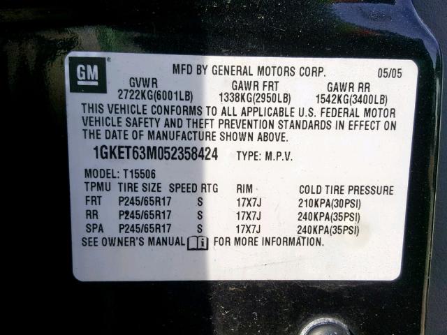 1GKET63M052358424 - 2005 GMC ENVOY DENA BROWN photo 10