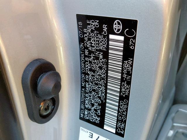 JTDKARFP2J3092615 - 2018 TOYOTA PRIUS PRIM 银色 照片 10